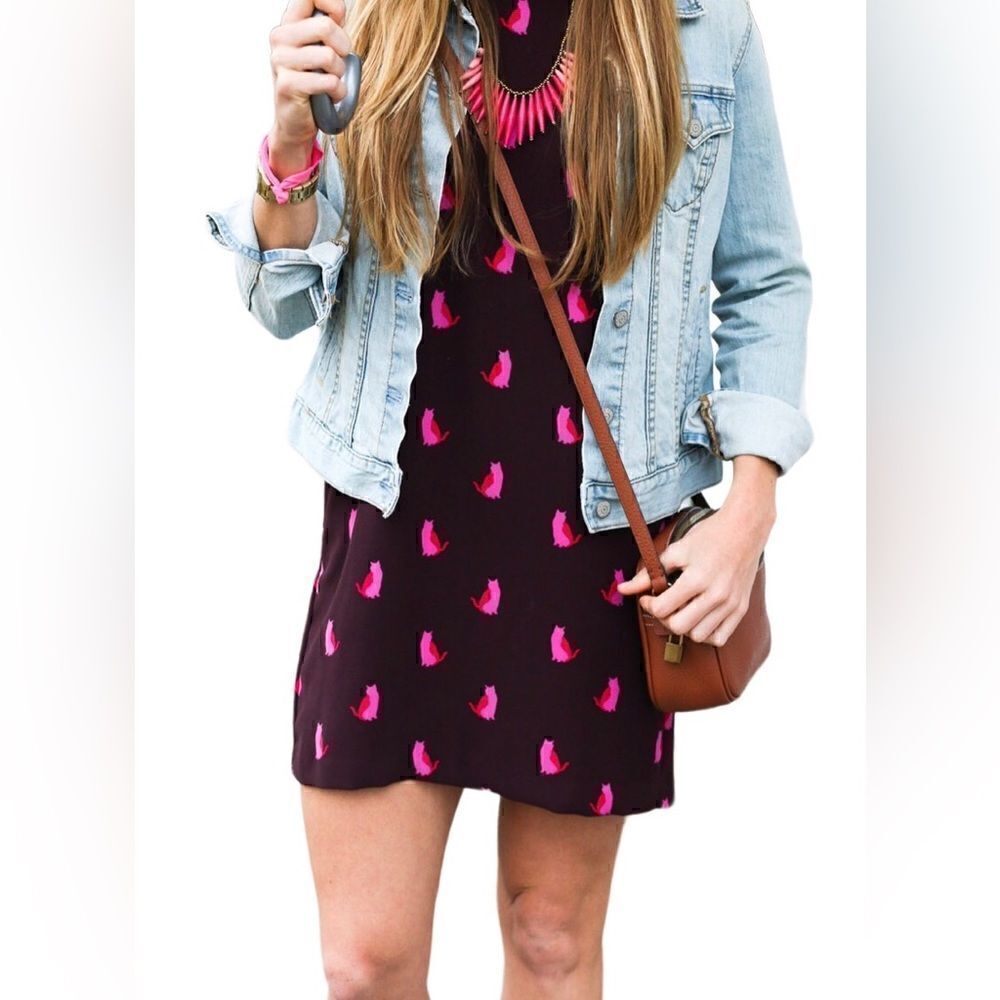 Ann Taylor Loft dark grape colored sheath dress with cat print in Barbie pink XS